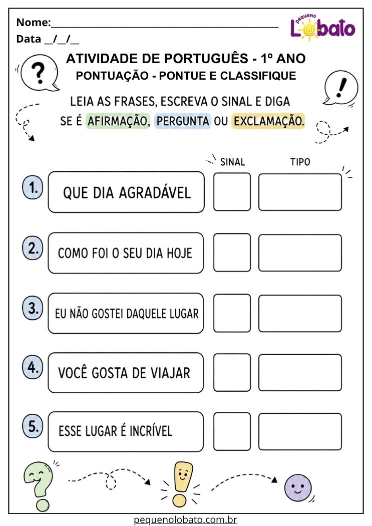 Atividade de português 1º ano com pontuação para classificar frases e compreender sua intenção comunicativa