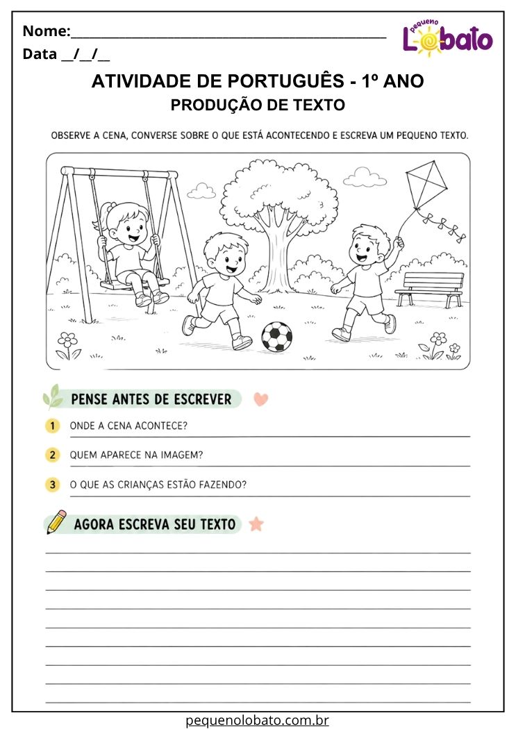 Atividade de português 1º ano com produção de texto a partir de imagem para desenvolver observação, criatividade e escrita