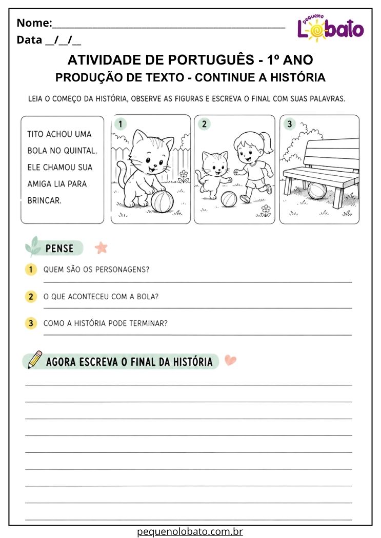 Atividade de português 1º ano com produção de texto para continuar uma história e desenvolver imaginação e coerência