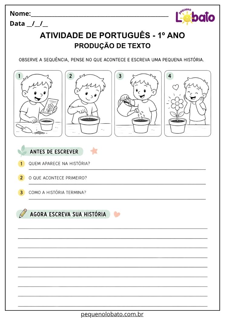 Atividade de português 1º ano com produção de texto para organizar sequência de acontecimentos e escrever uma história