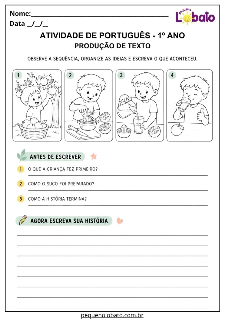 Atividade de português 1º ano com produção de texto por sequência de imagens para organizar ideias e narrar acontecimentos