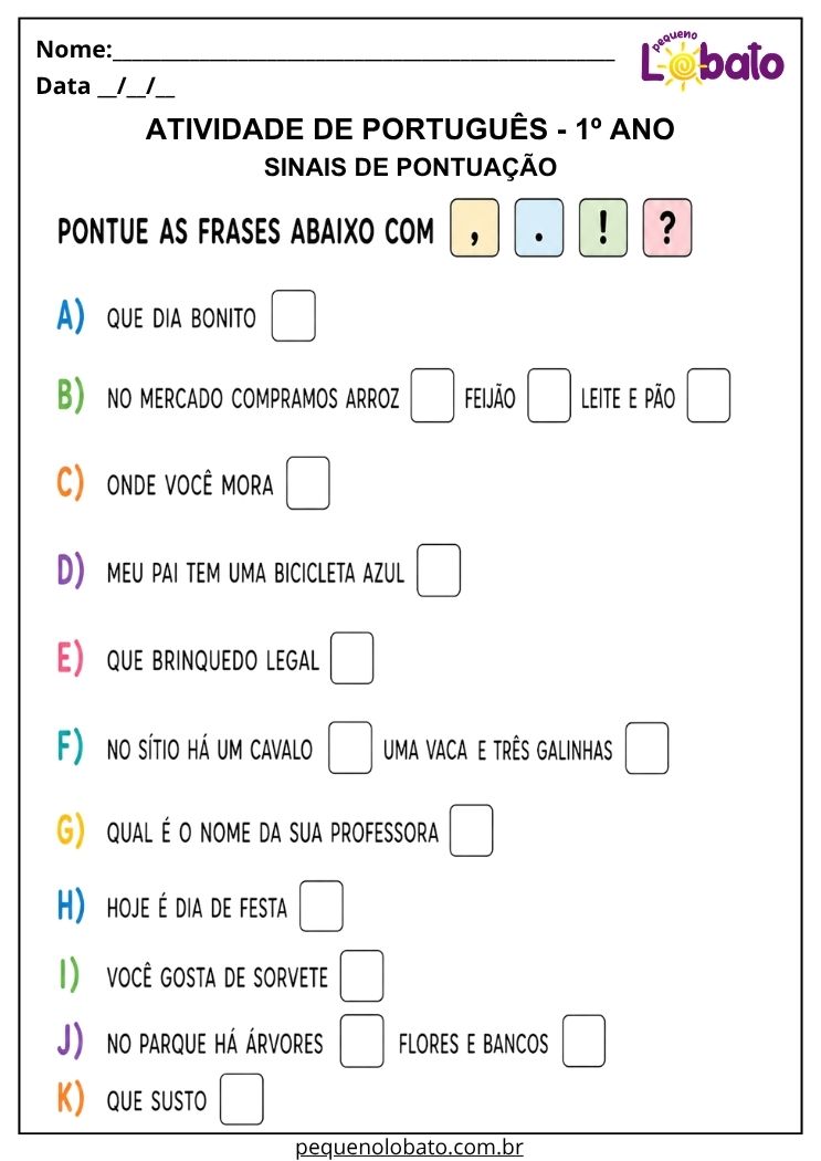 Atividade de português 1º ano com sinais de pontuação para completar frases e compreender diferentes sentidos