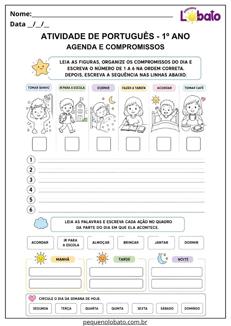 Atividade ilustrada de Português 1º ano com agenda e rotina diária para organizar compromissos da manhã, tarde e noite