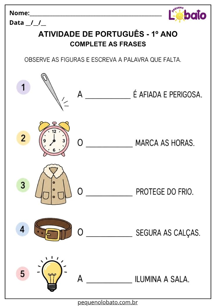 Atividade ilustrada de Português 1º ano para completar frases com nomes de objetos do cotidiano
