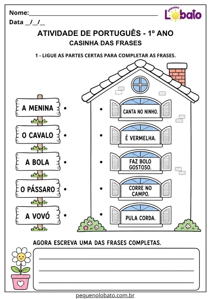 Atividade lúdica de Português 1º ano com casinha das frases para ligar sujeitos e ações