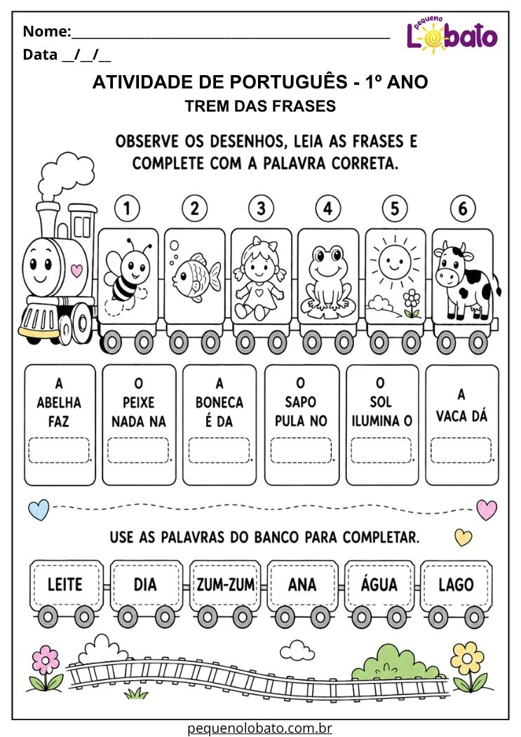 Atividade lúdica de Português 1º ano com trem das frases e banco de palavras para completar lacunas
