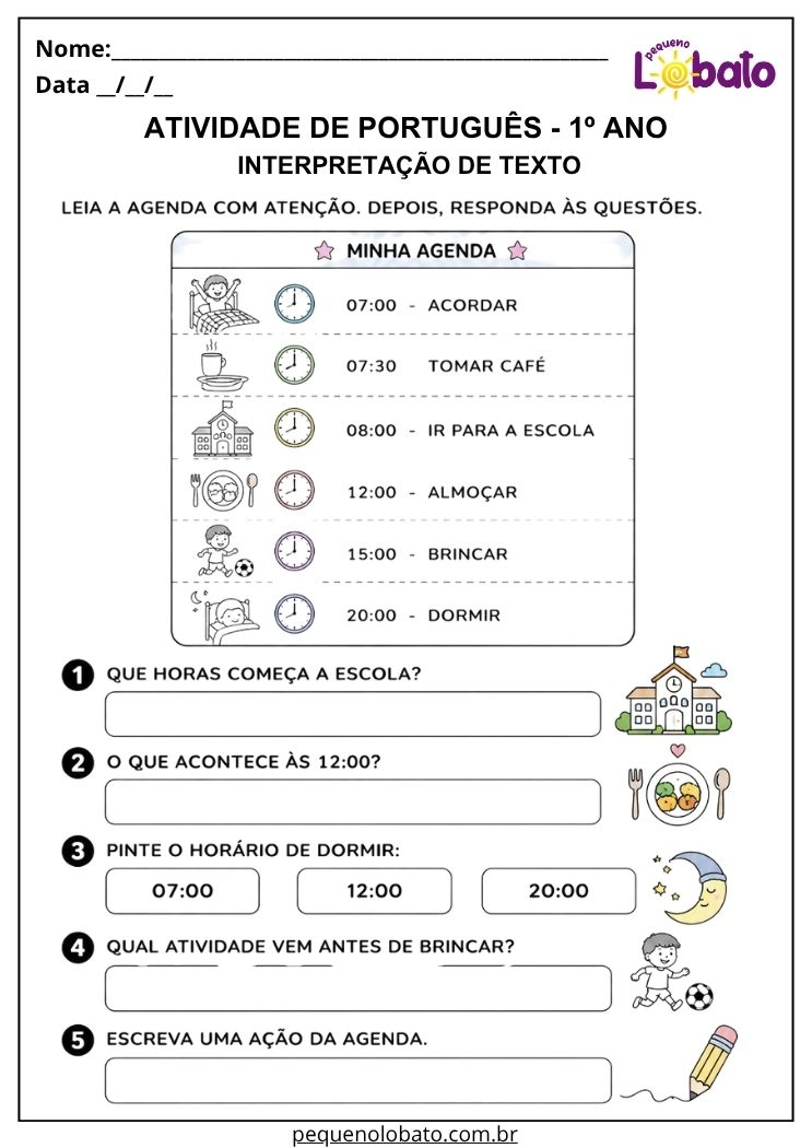 atividade de interpretação de texto para português 1º ano com agenda e rotina diária
