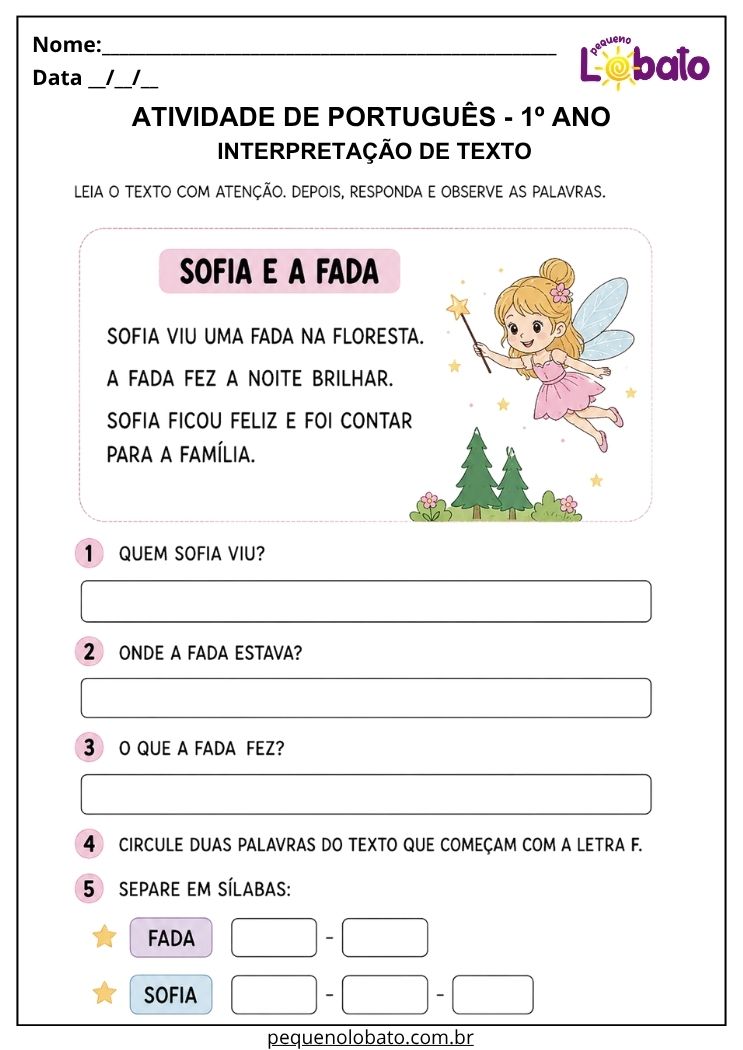 atividade de interpretação de texto para português 1º ano com fada e compreensão textual