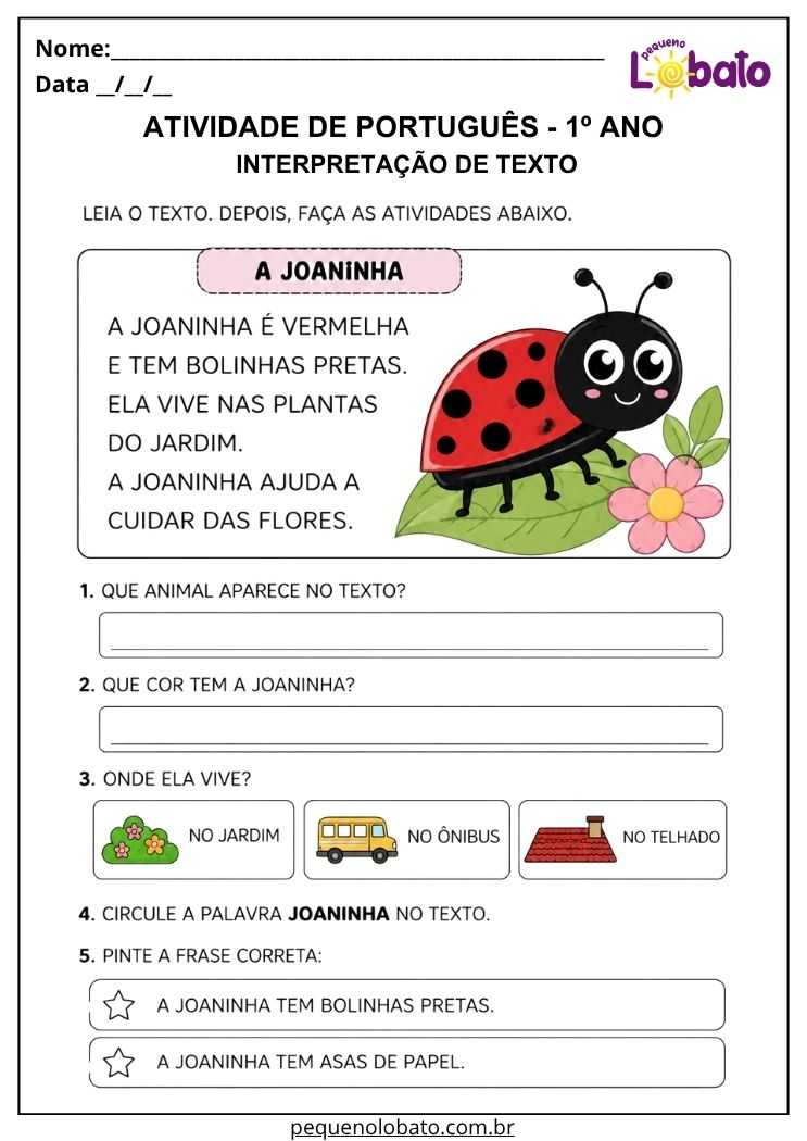 atividade de interpretação de texto para português 1º ano com joaninha vermelha no jardim