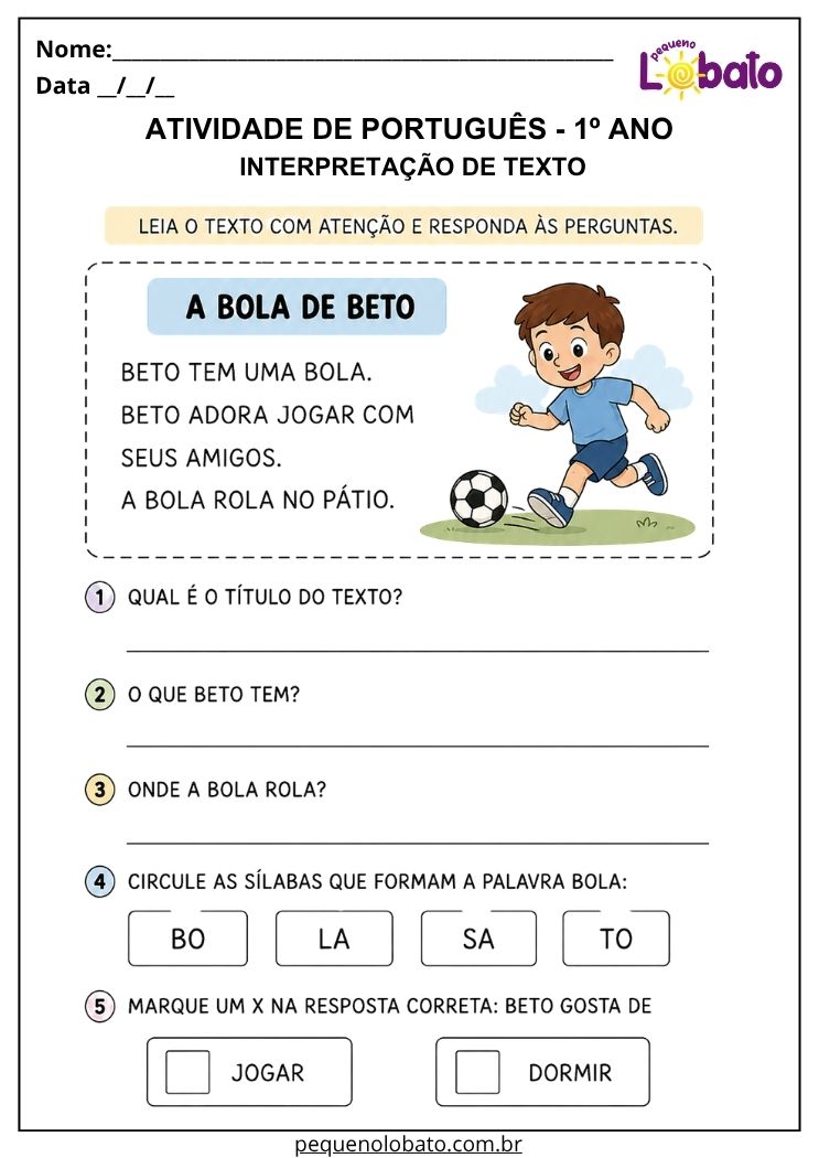 atividade de interpretação de texto para português 1º ano com menino brincando com bola
