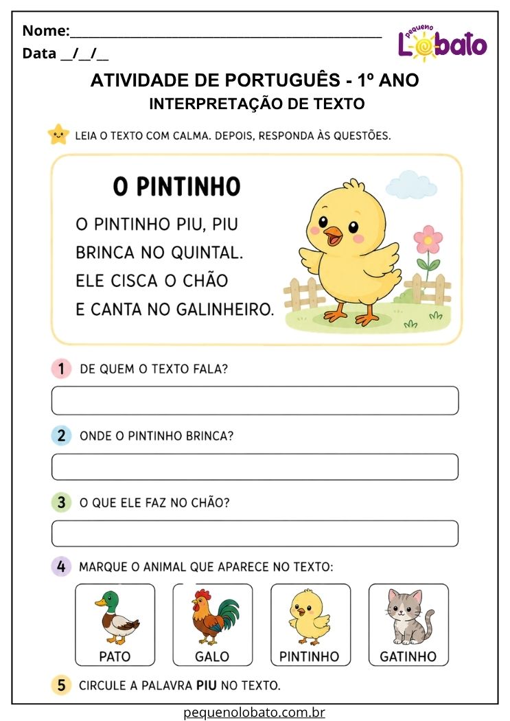 atividade de interpretação de texto para português 1º ano com pintinho e identificação de palavras