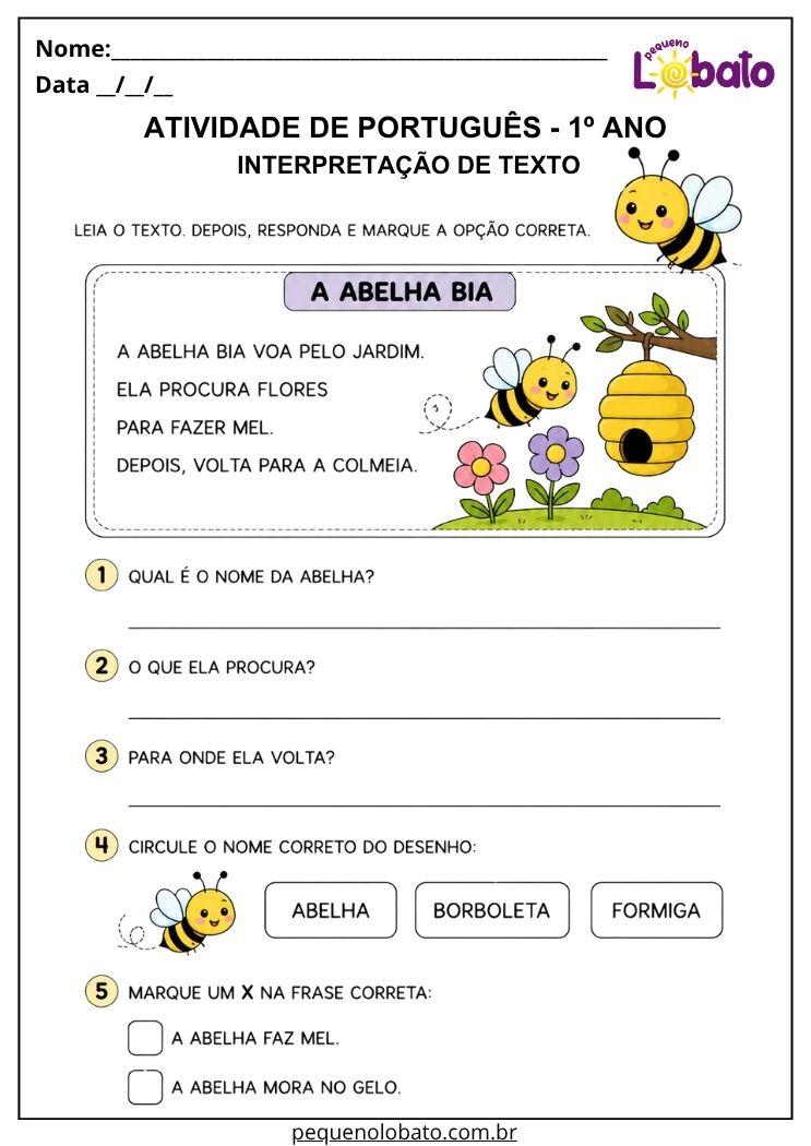 atividade de leitura e compreensão para português 1º ano com abelha e colmeia