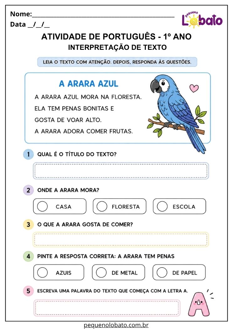 atividade de leitura e compreensão para português 1º ano com arara azul e perguntas simples