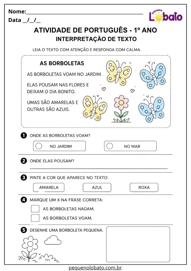 atividade de leitura e compreensão para português 1º ano com borboletas e texto curto