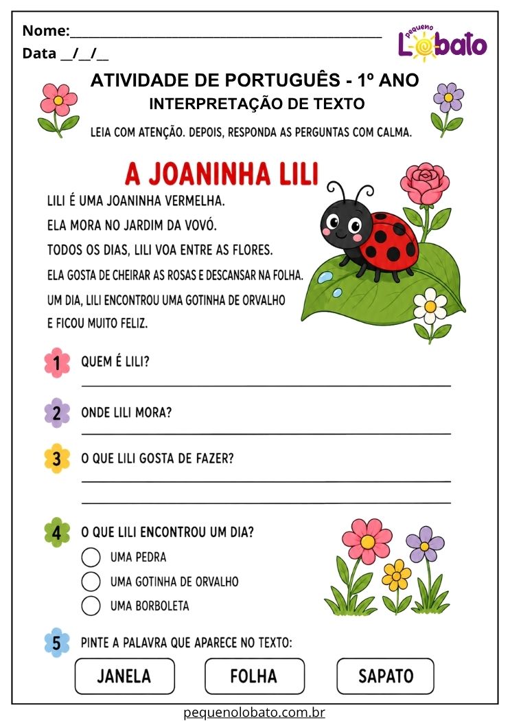 atividade de leitura e compreensão para português 1º ano com joaninha no jardim