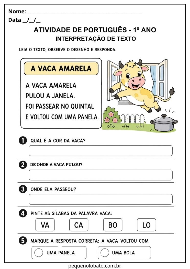 atividade de leitura e compreensão para português 1º ano com vaca amarela e perguntas