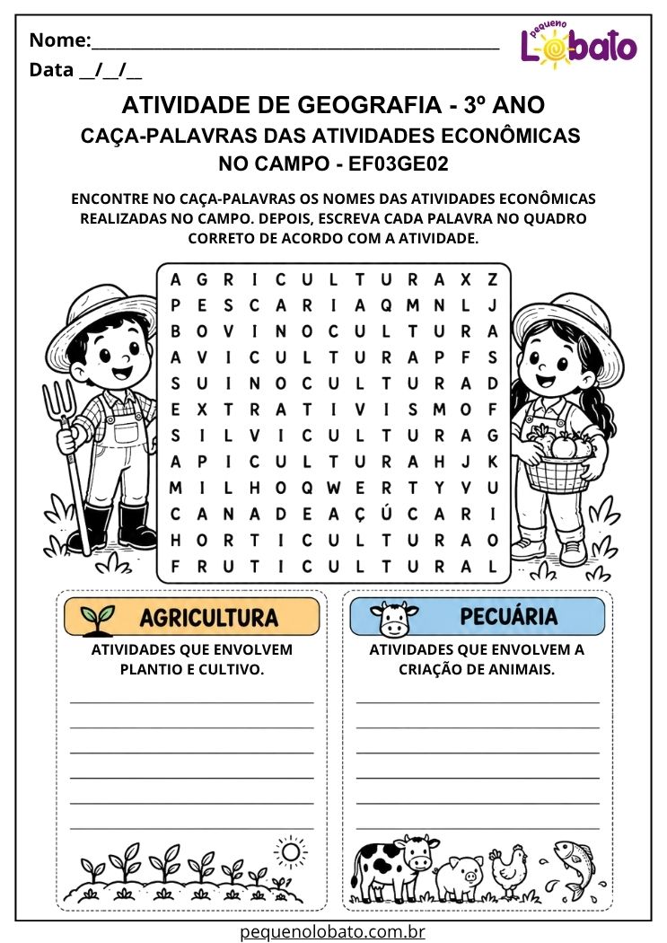 Atividade de Geografia 3º Ano - Atividades Econômicas no Campo com Caça-Palavras de Agricultura e Pecuária - EF03GE02