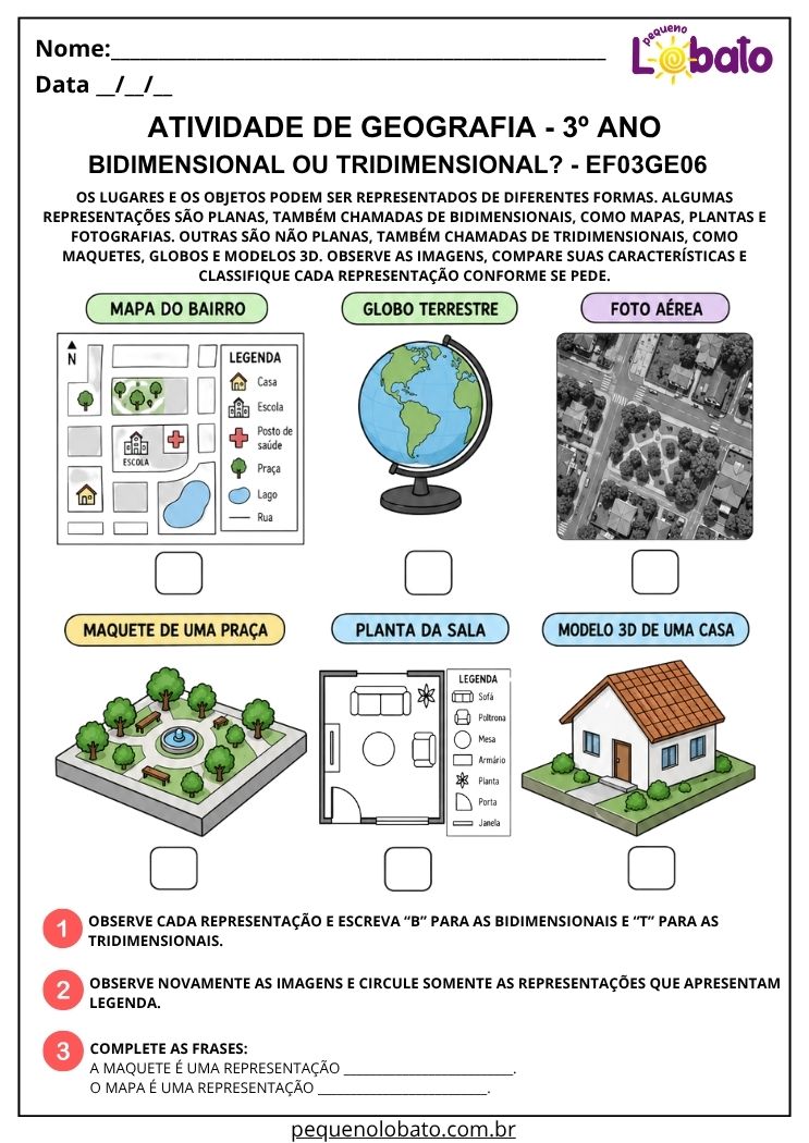 Atividade de Geografia 3º Ano - Bidimensional ou Tridimensional_ para Classificar Mapas, Plantas, Fotos e Maquetes - EF03GE06