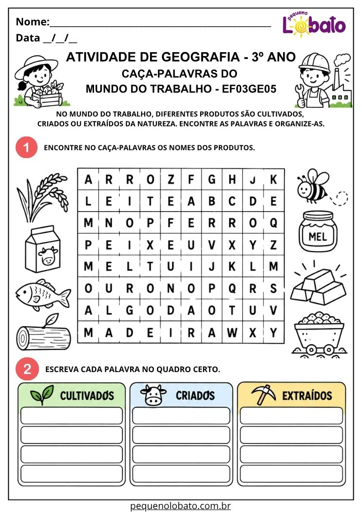 Atividade de Geografia 3º Ano - Caça-Palavras do Mundo do Trabalho com Produtos Cultivados, Criados e Extraídos - EF03GE05