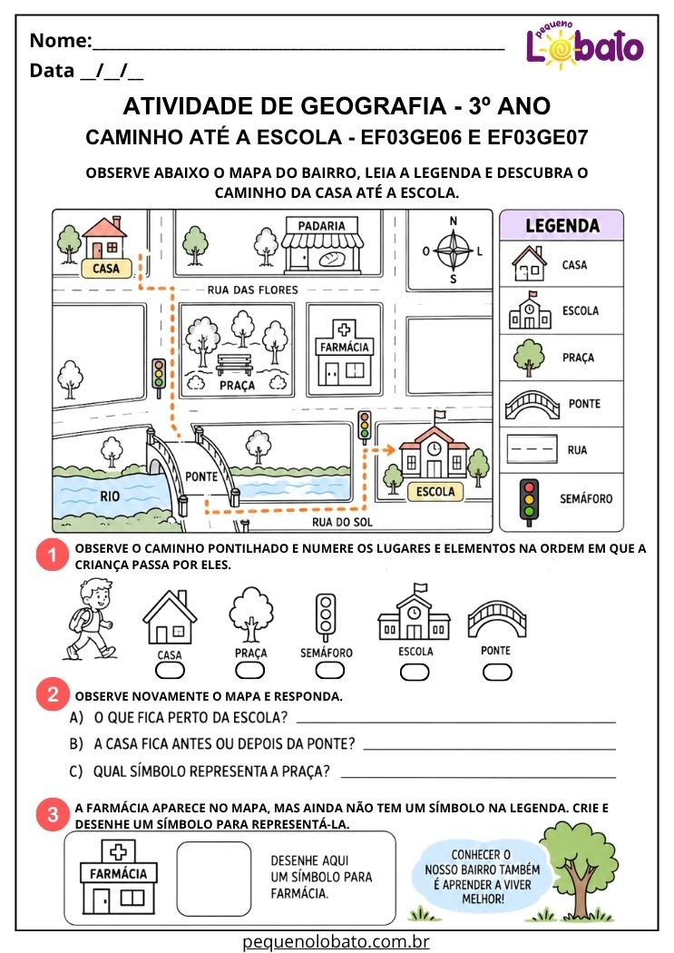 Atividade de Geografia 3º Ano - Caminho até a Escola para Ler Mapa, Legenda e Representações do Espaço - EF03GE06