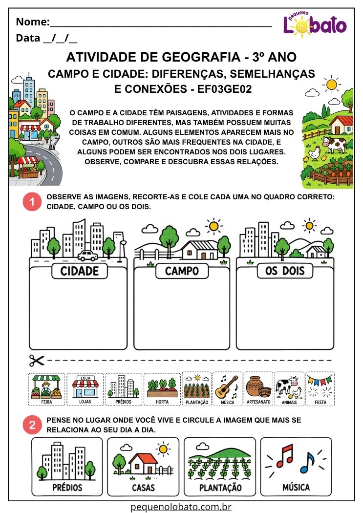 Atividade de Geografia 3º Ano - Campo e Cidade para Comparar Contribuições, Semelhanças e Conexões - EF03GE02