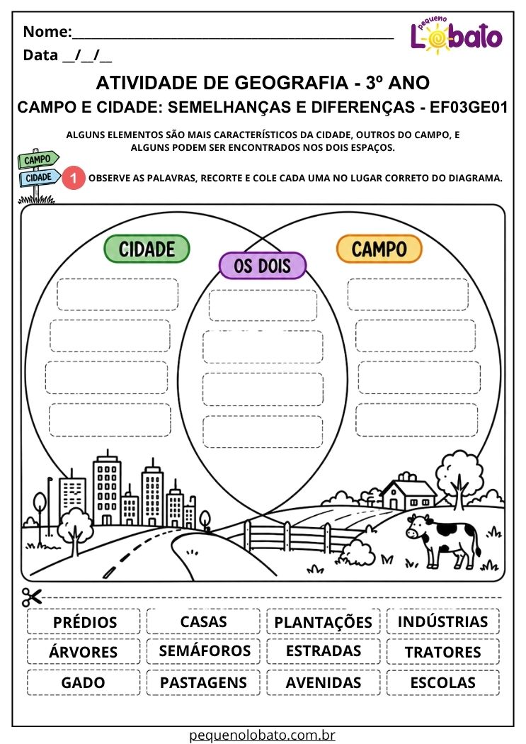 Atividade de Geografia 3º Ano - Campo e Cidade para Comparar Semelhanças e Diferenças - EF03GE01