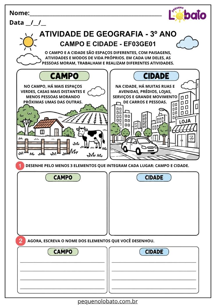 Atividade de Geografia 3º Ano - Campo e Cidade para Desenhar e Identificar Elementos das Paisagens - EF03GE01