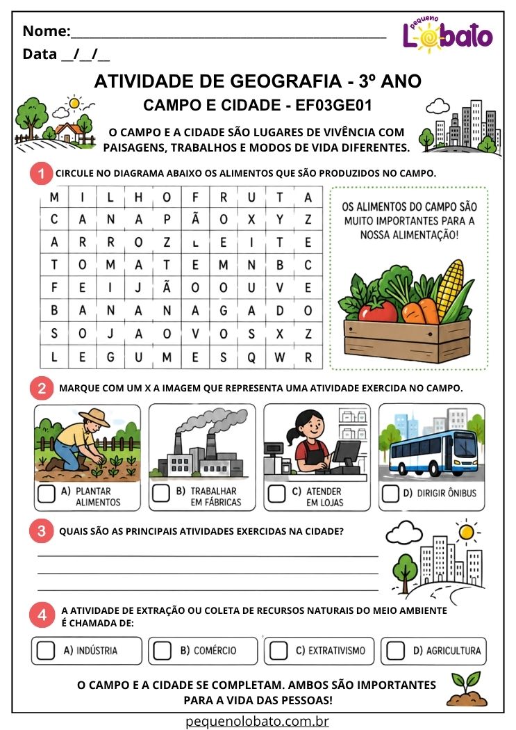 Atividade de Geografia 3º Ano - Campo e Cidade para Identificar Alimentos, Trabalhos e Atividades Econômicas - EF03GE01