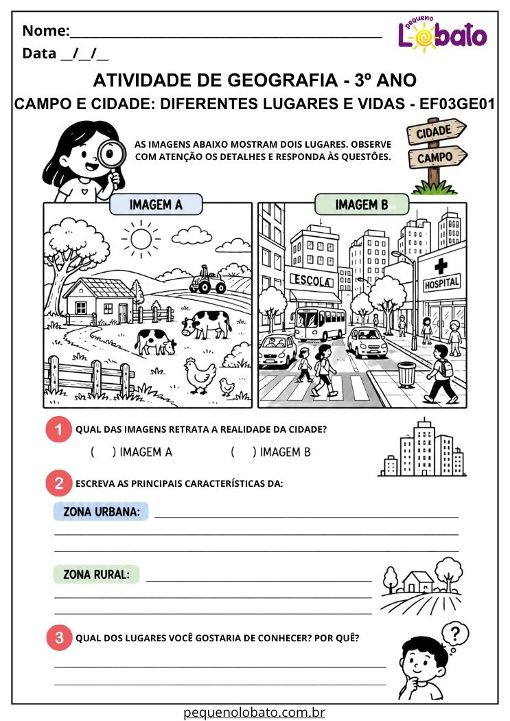 Atividade de Geografia 3º Ano - Campo e Cidade para Observar Paisagens e Comparar Modos de Vida - EF03GE01