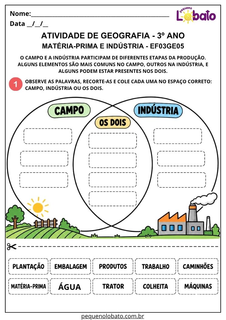 Atividade de Geografia 3º Ano - Campo e Indústria para Comparar Etapas, Trabalhos e Elementos da Produção - EF03GE05