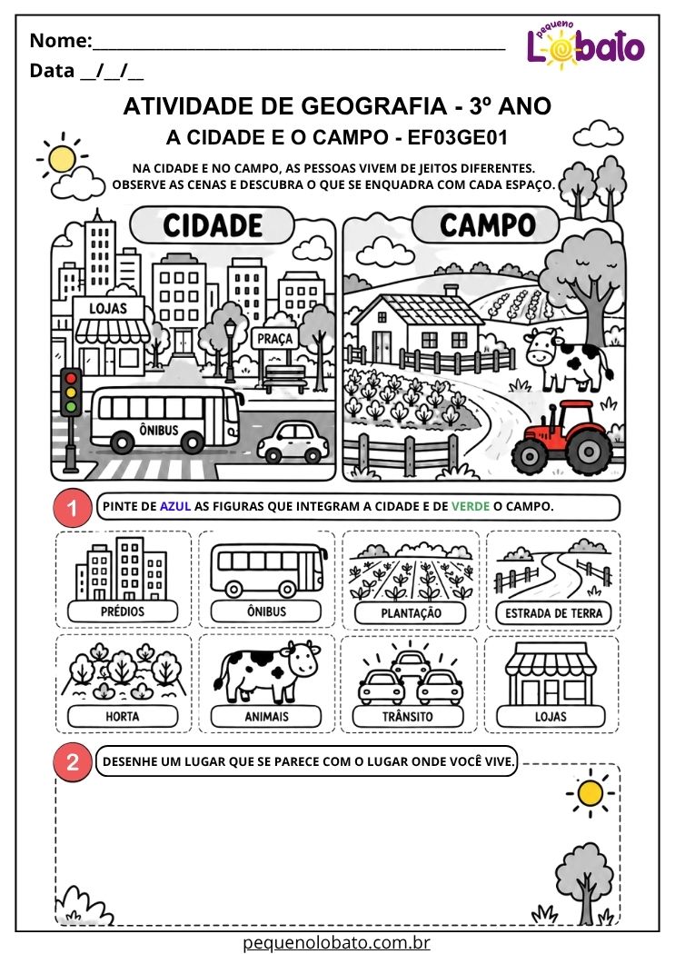 Atividade de Geografia 3º Ano - Cidade e Campo para Identificar Elementos de Cada Espaço - EF03GE01