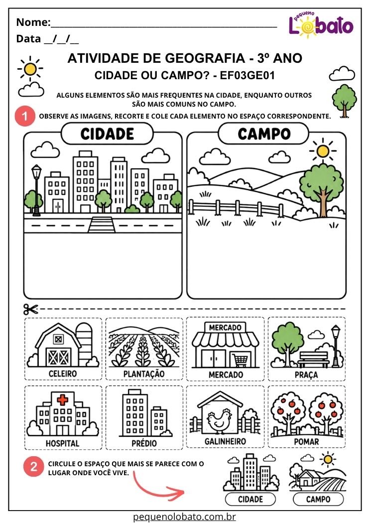 Atividade de Geografia 3º Ano - Cidade ou Campo para Recortar, Classificar e Comparar Elementos - EF03GE01