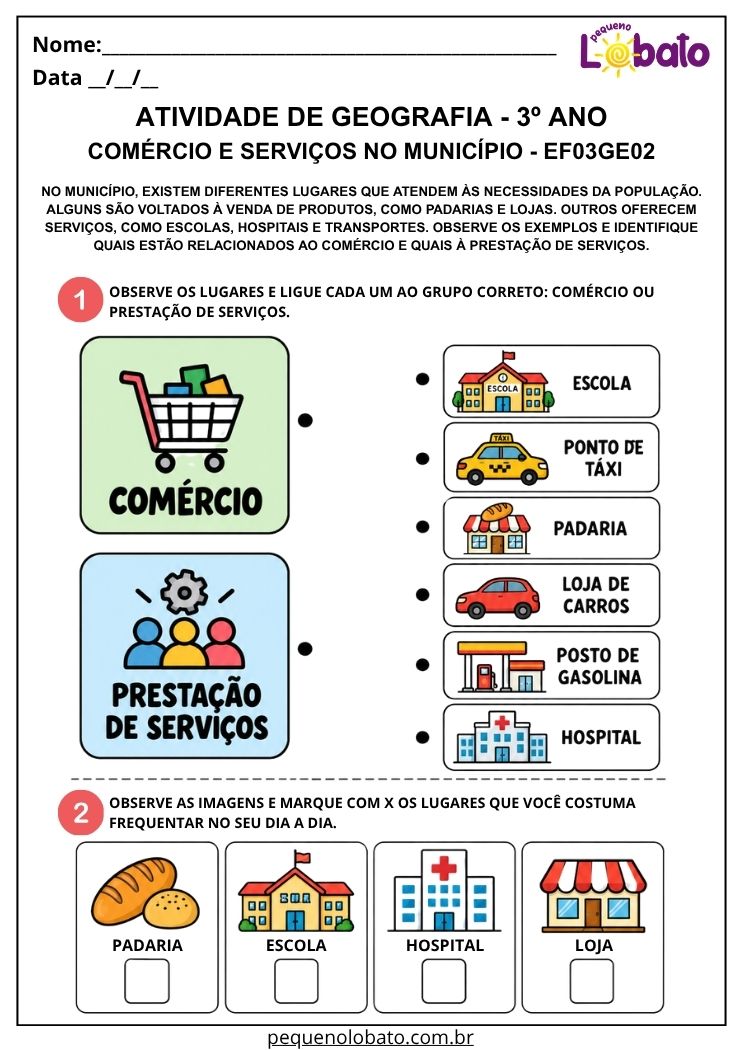 Atividade de Geografia 3º Ano - Comércio e Serviços no Município para Identificar Atividades Econômicas - EF03GE02