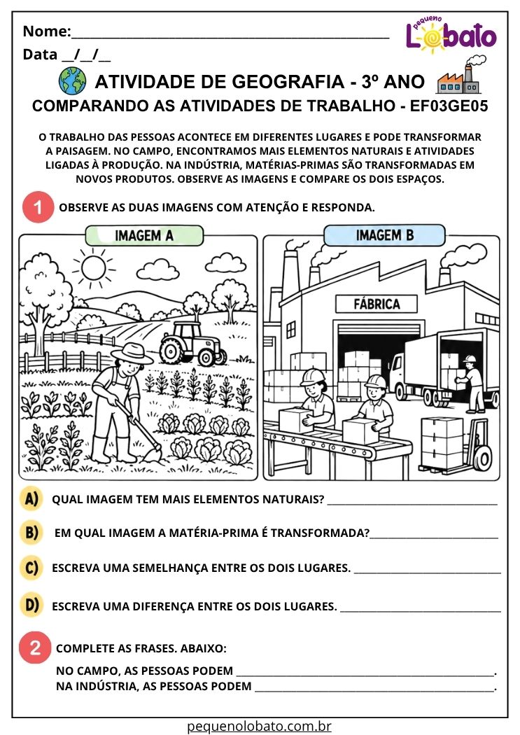 Atividade de Geografia 3º Ano - Comparando Atividades de Trabalho no Campo e na Indústria - EF03GE05