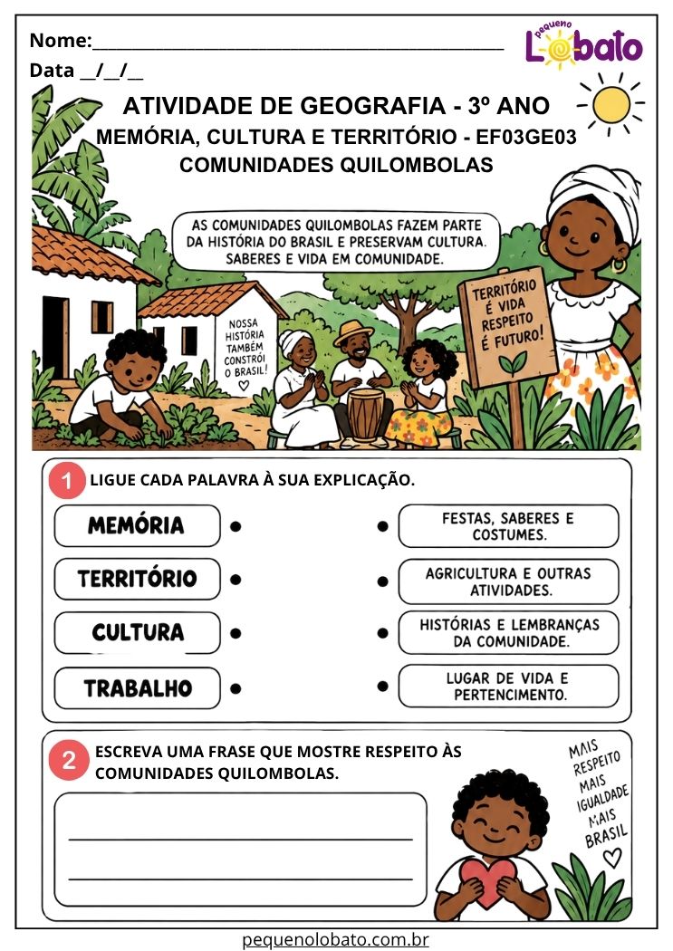 Atividade de Geografia 3º Ano - Comunidades Quilombolas_ Memória, Cultura e Território - EF03GE03
