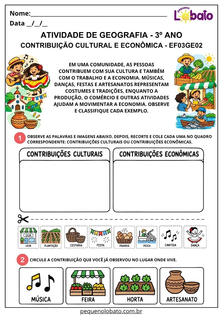 Atividade de Geografia 3º Ano - Contribuições Culturais e Econômicas para Recortar, Classificar e Reconhecer Exemplos - EF03GE02