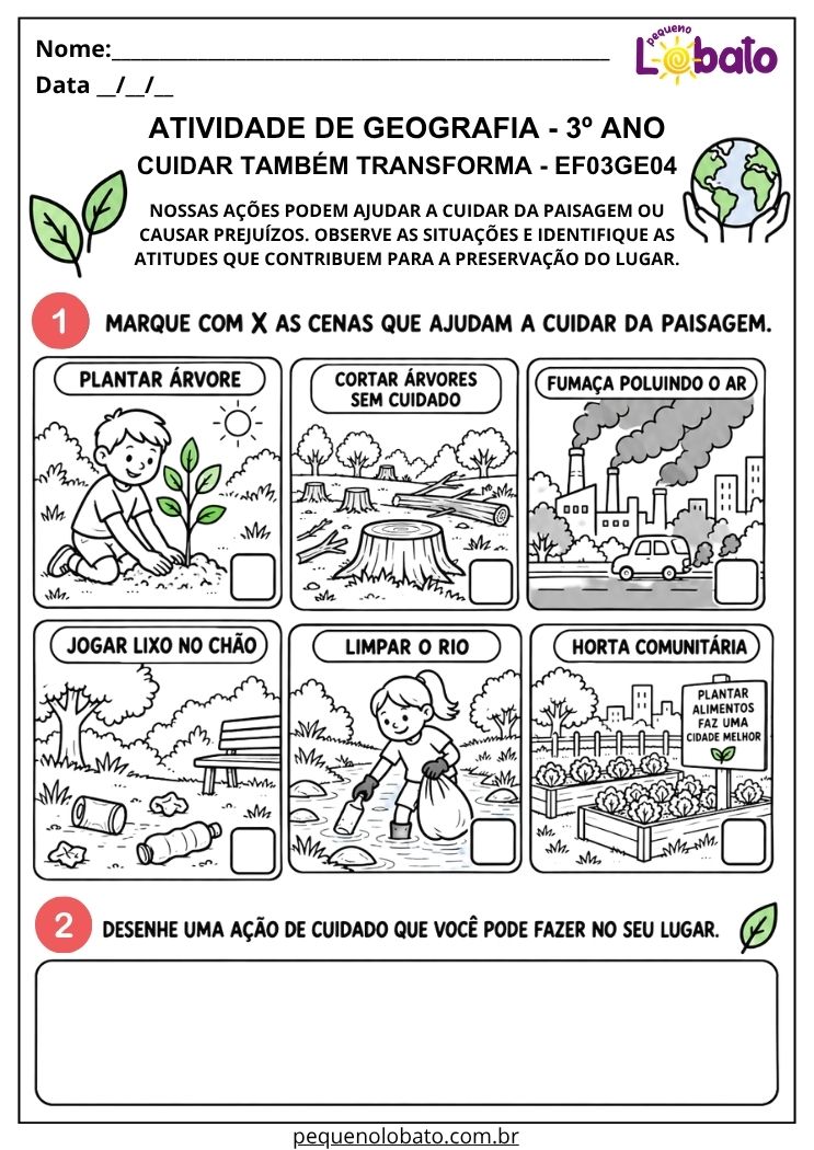 Atividade de Geografia 3º Ano - Cuidar da Paisagem para Identificar Ações de Preservação e Transformação - EF03GE04