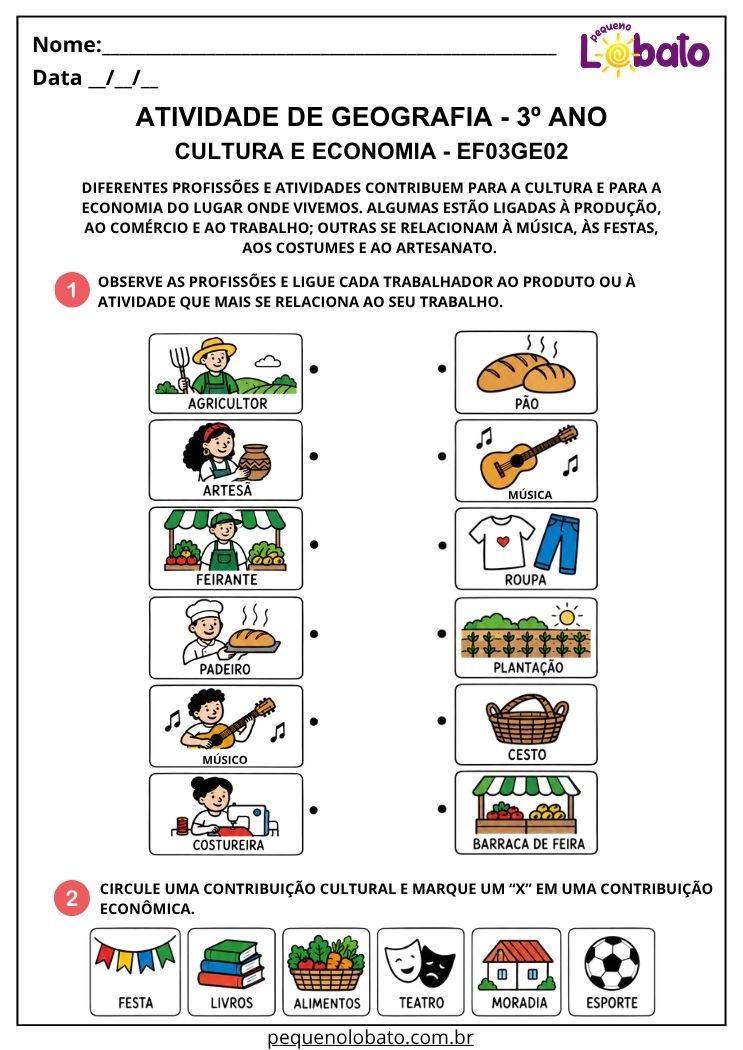 Atividade de Geografia 3º Ano - Cultura e Economia para Relacionar Profissões, Produtos e Atividades - EF03GE02