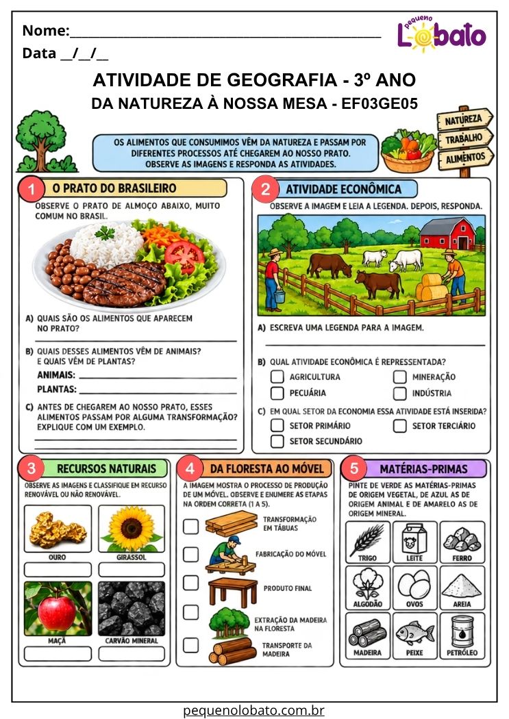 Atividade de Geografia 3º Ano - Da Natureza à Nossa Mesa para Identificar Alimentos, Recursos Naturais e Atividades Econômicas - EF03GE05