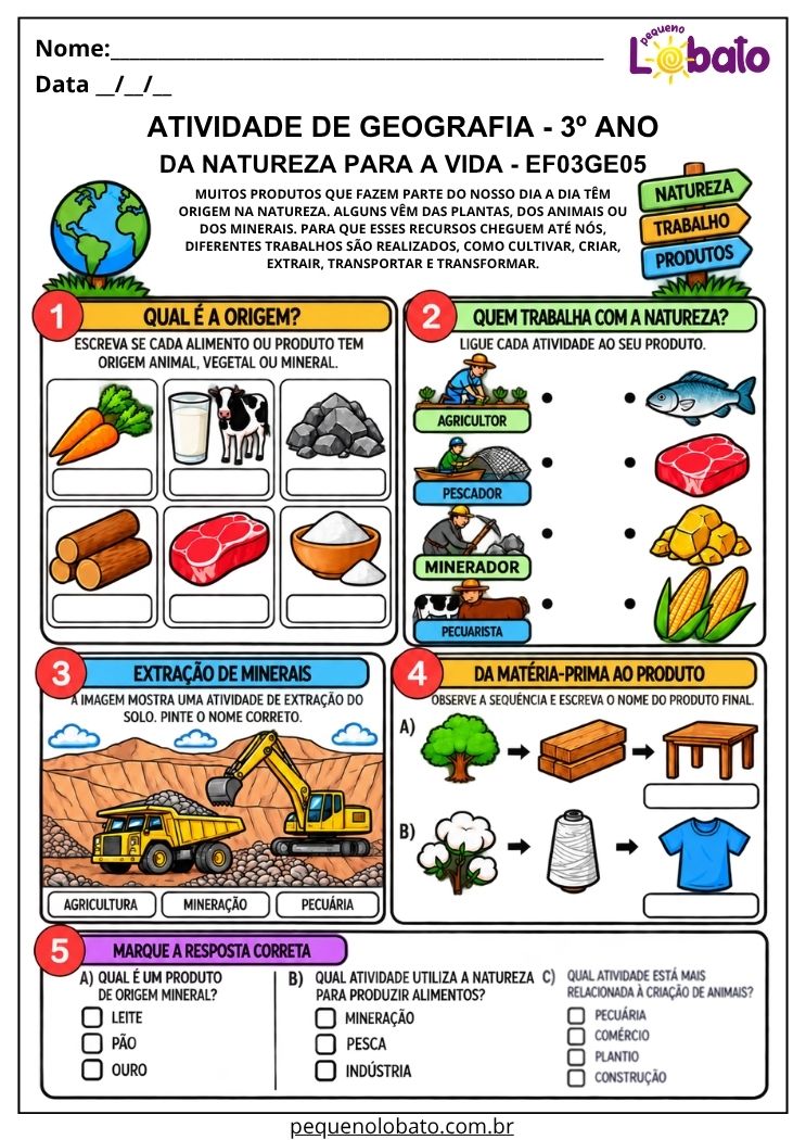 Atividade de Geografia 3º Ano - Da Natureza para a Vida para Identificar Produtos, Trabalhos e Matérias-Primas - EF03GE05