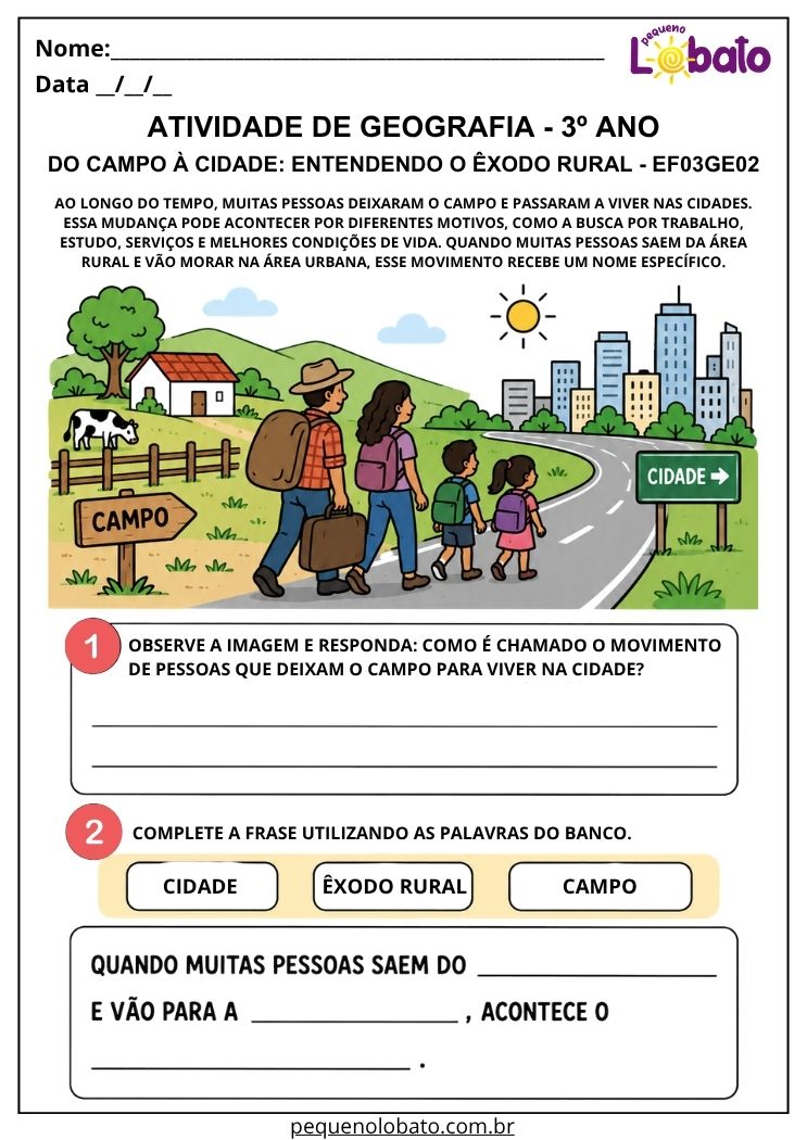 Atividade de Geografia 3º Ano - Do Campo à Cidade para Compreender o Êxodo Rural - EF03GE02