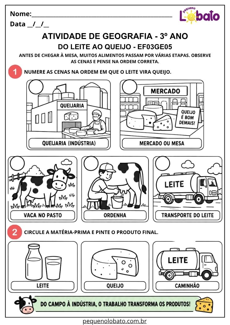 Atividade de Geografia 3º Ano - Do Leite ao Queijo para Ordenar as Etapas da Produção - EF03GE05