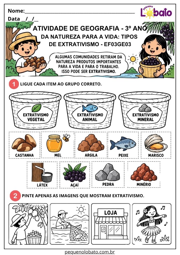 Atividade de Geografia 3º Ano - Extrativismo Vegetal, Animal e Mineral nas Comunidades Tradicionais - EF03GE03
