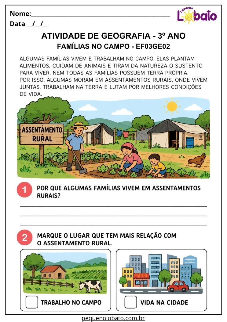 Atividade de Geografia 3º Ano - Famílias no Campo para Compreender Trabalho, Produção e Modos de Vida - EF03GE02