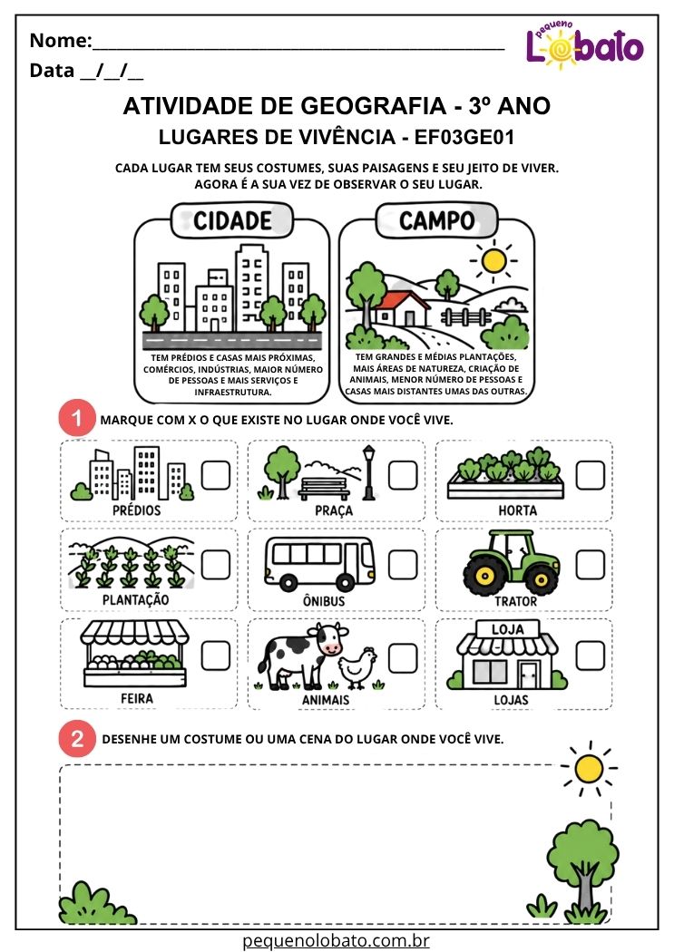 Atividade de Geografia 3º Ano - Lugares de Vivência para Identificar Elementos e Costumes da Cidade e do Campo - EF03GE01