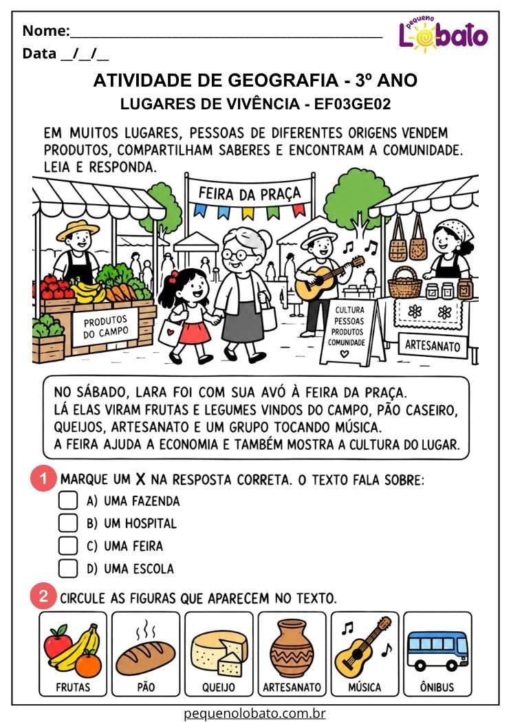 Atividade de Geografia 3º Ano - Lugares de Vivência para Reconhecer Cultura, Trabalho e Economia na Comunidade - EF03GE02