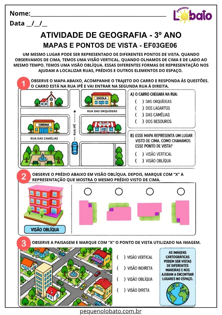 Atividade de Geografia 3º Ano - Mapas e Pontos de Vista para Interpretar Visão Vertical e Oblíqua - EF03GE06