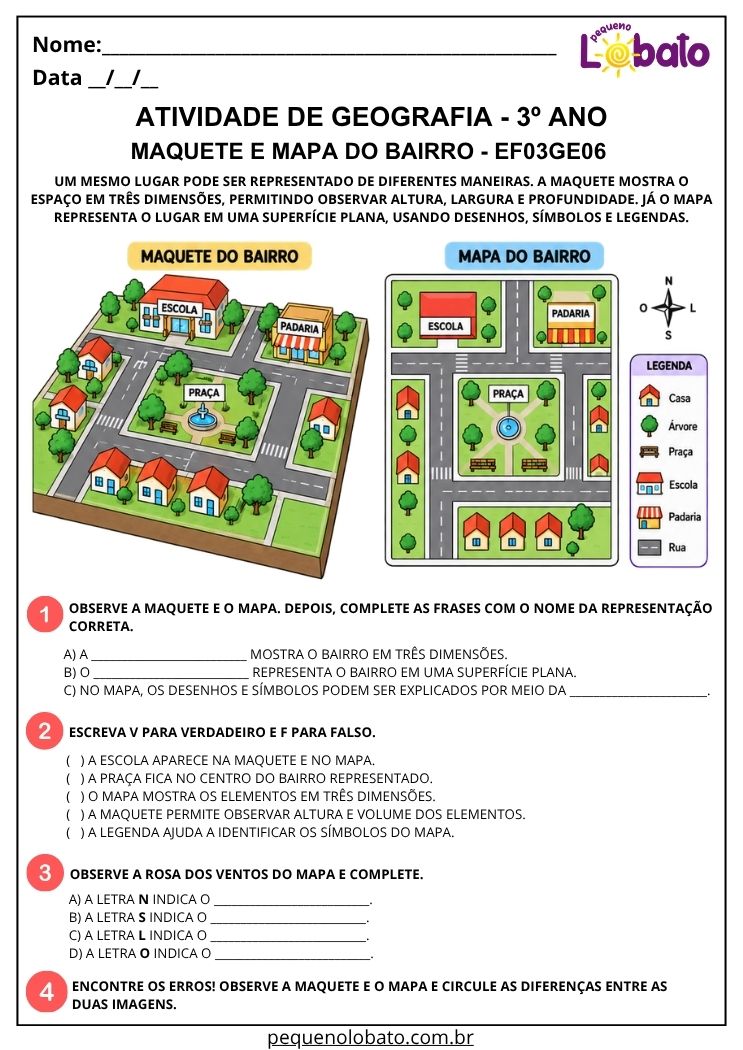 Atividade de Geografia 3º Ano - Maquete e Mapa do Bairro para Comparar Representações Tridimensionais e Bidimensionais - EF03GE06