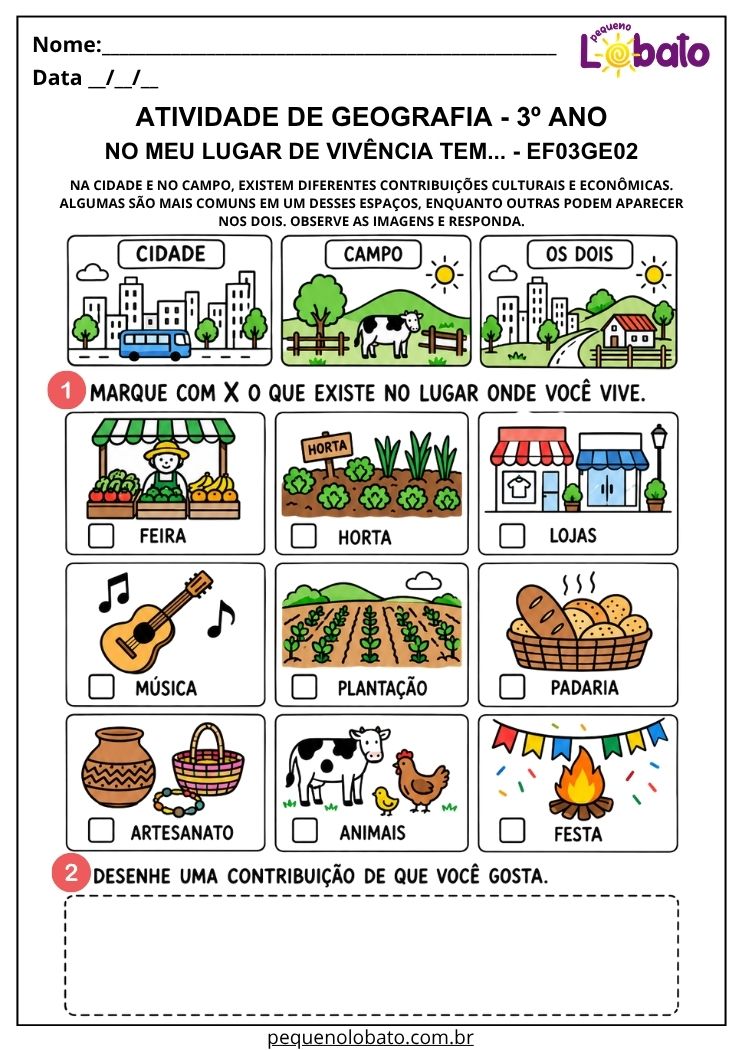 Atividade de Geografia 3º Ano - Meu Lugar de Vivência para Identificar Contribuições da Cidade e do Campo - EF03GE02