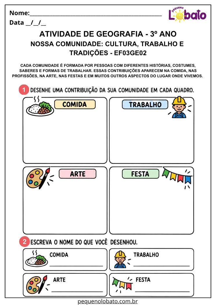 Atividade de Geografia 3º Ano - Nossa Comunidade para Identificar Cultura, Trabalho, Arte e Tradições - EF03GE02